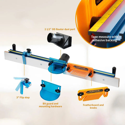 Straight Shootin 24 By 32 Inch Benchtop Router Table With Solid Aluminum Insert Plate and Quick Release Fence Bar showing dust port and hardware accessories.