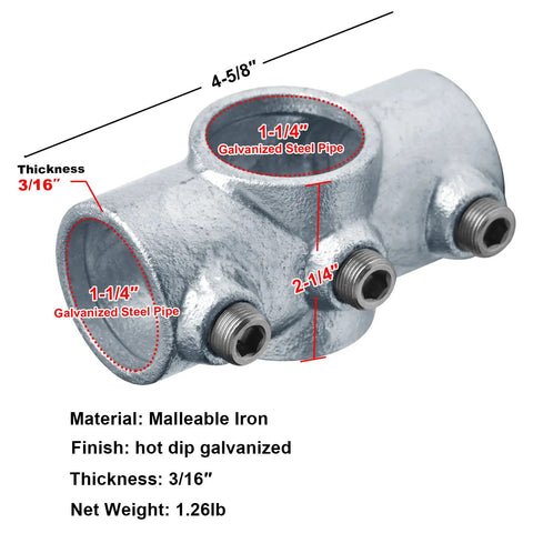 Two Pack Two Socket Cross Pipe Fittings For One And A Quarter Inch Nominal Steel Pipe Three Sixteenth Inch Thick Malleable Iron With Hot Dip Galvanized Finish Fits About 1.66 Inch Outer Diameter Durable For Rails Racks Fencing Awnings Docks