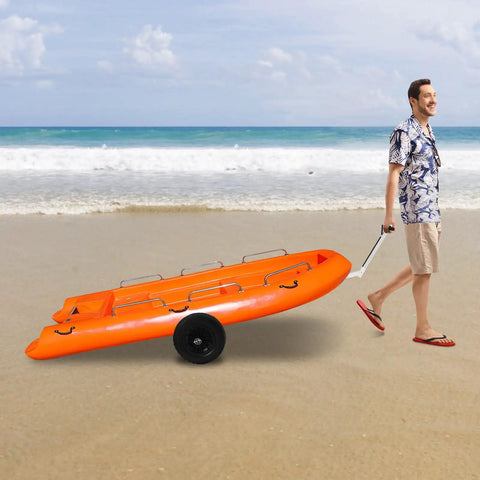 Person transporting small boat using Boat Trailer Dolly Aluminum Alloy For Small Boats Heavy Duty 88 Lb Capacity on sandy beach