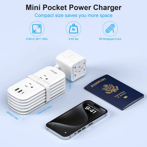 Universal Travel Adapter With 6 Foot Extension Cord, All In One Worldwide Power Adapter displayed with phone and passport