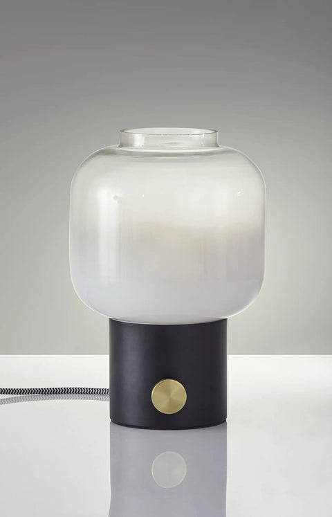 Lewis Table Lamp in Matte Black with Dope Antique Brass Accent, Glass Shade Fades From White Bottom to Clear Top, Big Round Knob Switch
