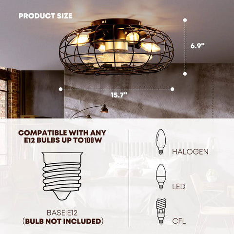 16 Inch Bladeless Caged Ceiling Fan With Lights Remote Control 8 Speeds Industrial Flush Mount Farmhouse Style Gold Finish