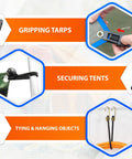 Heavy Duty Bungee Cords With Hooks Kit 30 Pcs Assorted Sizes 10, 18, 24, 36, 48 Inches Carabiner And Plastic Coated Hooks in use for gripping tarps and securing tents.