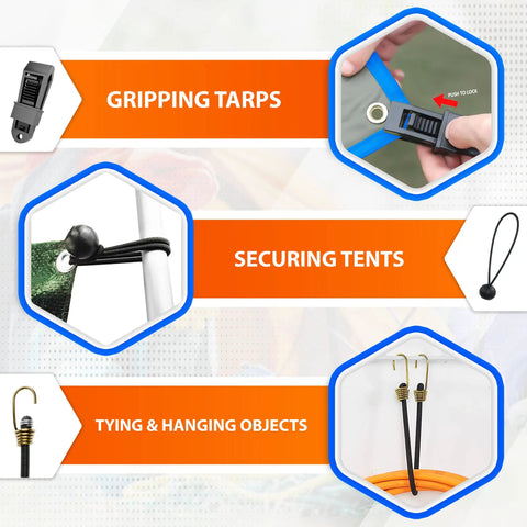 Heavy Duty Bungee Cords With Hooks Kit 30 Pcs Assorted Sizes 10, 18, 24, 36, 48 Inches Carabiner And Plastic Coated Hooks in use for gripping tarps and securing tents.