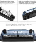 Rugged Bus Bar Power Distribution Block For DIY Wiring With Two 5/16 Inch Studs Eight Screw Terminals Ring Terminals Insulated Polycarbonate Cover And Nylon Nuts For Short Circuit Protection 300V AC Max shown from various angles highlighting screw terminals, studs, and durable polycarbonate cover.