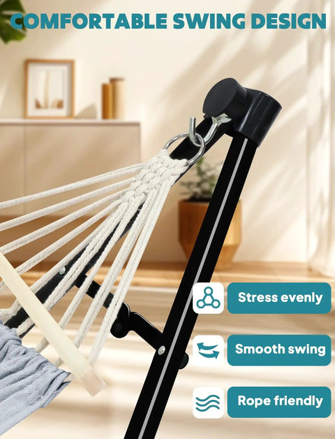 Close-up of the 2 In 1 Hammock And Swing Chair With Collapsible Steel Stand And Carrying Case highlighting steel frame and rope design