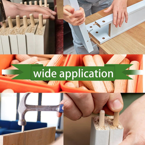 Hands demonstrating Assorted 230 Pack 1/4 5/16 3/8 Inch Premium Fluted Wood Dowel Pins in carpentry applications