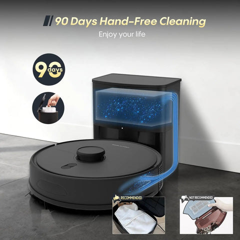 Robot Vacuum And Mop All In One Combo With Beastly 6000Pa Suction, Self Empty Dock, 90 Day Hands Free shown with dock in room