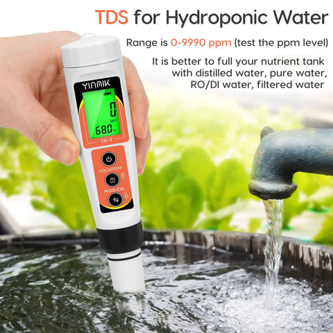 4 In 1 Digital pH EC TDS Temp Meter For Water Hydroponics And Indoor Gardens Easy Calibration Waterproof Backlit Tester held over water