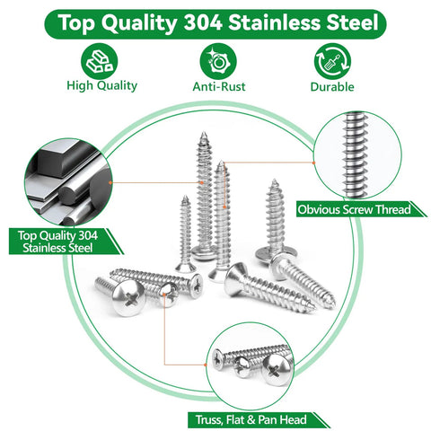 Beefy 429 Piece Wood Screw Kit Self Tapping Set In 304 Stainless Steel with truss, flat and pan heads, anti-rust