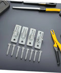 Heavy Duty Gate Hinges 4 Piece Galvanized Iron Barn Door Hardware with screws for installation and tools on a gray background.