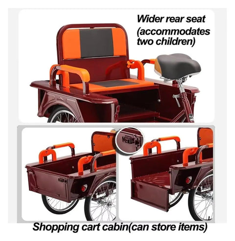 Adult Tricycle Rickshaw With Foldable Back Seat And Dual Brakes Front Fork Shock Absorber Double Chain Drive Pneumatic Spoke Wheels