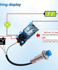 Wiring display for Inductive Proximity Sensor 4mm Sensing Distance, Two Pack, NPN NC Output, DC 6 to 36V, Metal Cylinder Housing.
