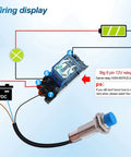 Wiring display with Relay Board and Dual Pack M18 Inductive Proximity Sensor Switch NPN NC 6-36V DC, metal housing.