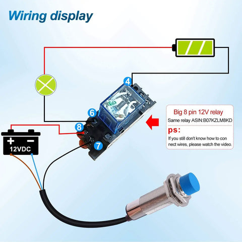 Wiring display with Relay Board and Dual Pack M18 Inductive Proximity Sensor Switch NPN NC 6-36V DC, metal housing.