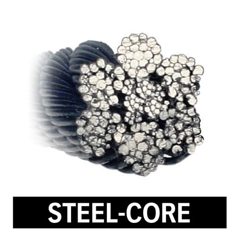 Cross-section of 3/8 inch steel core cable showing braided construction, part of Heavy Duty Winch Cable With Swivel Hook And Steel Core 3/8 Inch By 100 Foot, Ready For Tough Towing And Recovery Jobs, 14,000 Pound Minimum Breaking Strength, Durable, Reliable American Made Quality.
