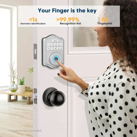 Fingerprint Door Lock With Keyless Entry And Code Smart Deadbolt shown installed on white front door with user interaction.