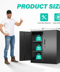 Heavy Duty Metal Storage Cabinet With Locking Doors And Adjustable Shelves For Office Workshop Or Kitchen Built Tough All Steel Construction Reinforced Welded Frame Secure Locking Tool Cabinets 36 Inches High shown with dimensions and man for scale.