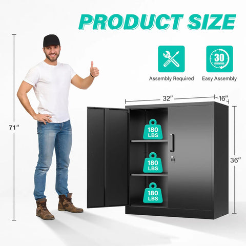 Heavy Duty Metal Storage Cabinet With Locking Doors And Adjustable Shelves For Office Workshop Or Kitchen Built Tough All Steel Construction Reinforced Welded Frame Secure Locking Tool Cabinets 36 Inches High shown with dimensions and man for scale.