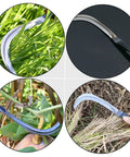 Close-up of Two-Piece Rustproof Weeding Hook Tool Set For Mowing Cultivation And Harvesting in use on grass and plants.