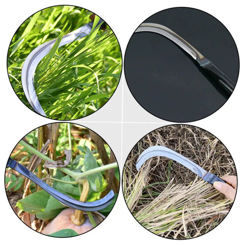 Close-up of Two-Piece Rustproof Weeding Hook Tool Set For Mowing Cultivation And Harvesting in use on grass and plants.