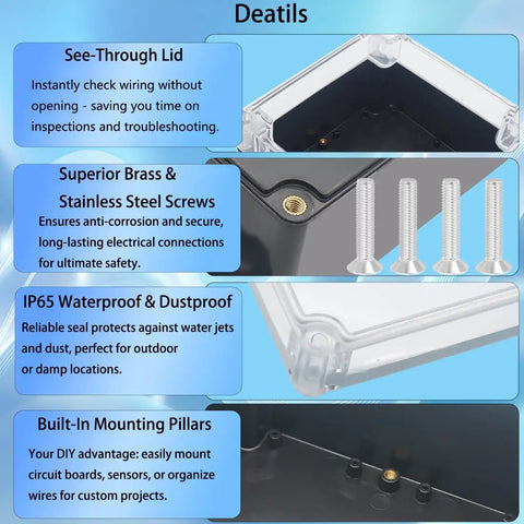 IP65 Waterproof Outdoor Junction Box Pack Of 2 ABS Plastic Project Box with see-through lid and brass screws