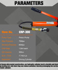 Beefy 10 Ton Low Profile Hydraulic Cylinder Jack Porta Power Ram with 0.98 Inch Stroke, orange pump shown with details.