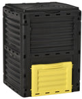 Massive 80 Gallon Outdoor Compost Bin With Aerating Design And 48 Air Vents for garden composting, shown in black and yellow