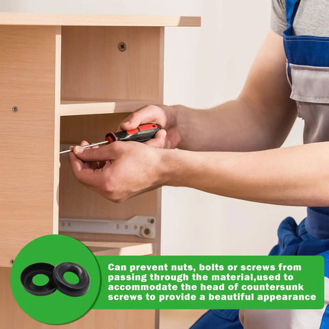 Person assembling furniture using Black Finish Stainless Steel Countersunk Cup Washers Set, Heavy Duty 304 Stainless.