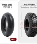 4.10/3.50-6 Tires With Heavy Duty Inner Tubes, diagram showing tube and tire dimensions for wheelbarrows, 2 pack