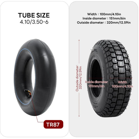 4.10/3.50-6 Tires With Heavy Duty Inner Tubes, diagram showing tube and tire dimensions for wheelbarrows, 2 pack