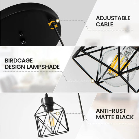 Three Light Adjustable Pendant Light Fixture With Long Cord, Super Easy Custom Height Setup For Kitchen And Dining Room, Killer Industrial Farmhouse Hanging Lamp With Vintage Glow That Truly Slaps In Any Open Concept Space, showing adjustable cable and birdcage design.