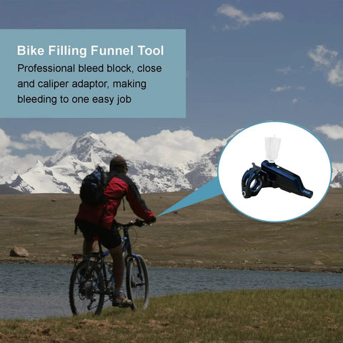 Biker with mountains in background and hydraulic mountain bike brake bleed kit with mineral oil funnel set inset view