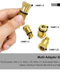 4 Pack Spark Plug Adapters For Compression Test Includes M10x1.0 M12x1.25 M16x1.5 M18x1.5 Thread Sizes With O Ring Seals Engine Diagnostic Tool 10mm 12mm 16mm 18mm Cylinder Adapters Heavy Duty Quick Fit displayed in a hand and detail view of individual adapters.