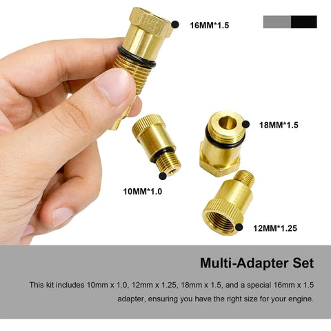 4 Pack Spark Plug Adapters For Compression Test Includes M10x1.0 M12x1.25 M16x1.5 M18x1.5 Thread Sizes With O Ring Seals Engine Diagnostic Tool 10mm 12mm 16mm 18mm Cylinder Adapters Heavy Duty Quick Fit displayed in a hand and detail view of individual adapters.