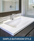 Modern bathroom sink with Brushed Nickel 1 Hole Single Handle Bathroom Faucet With Pop Up Drain and supply lines on white vanity.