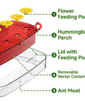 Diagram of Two Pack Window Hummingbird Feeder With Strong Suction Cups For Outdoors Built In Moat And Easy To Clean Refill 10Oz Red Plastic