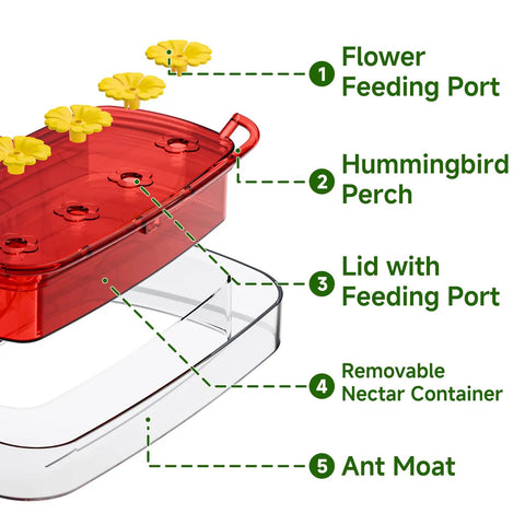 Diagram of Two Pack Window Hummingbird Feeder With Strong Suction Cups For Outdoors Built In Moat And Easy To Clean Refill 10Oz Red Plastic