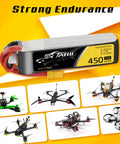 4 Pack 450mAh 7.4V 75C 2S LiPo Battery Pack With XT30 Plug For H Frame Betafpv Drones, yellow background, various drone images