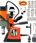 Front view of magnetic drill press with orange body and black handles; includes drill bits, wrenches, and strap kit.