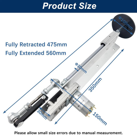 Reciprocating linear actuator with suction cup end, 24V DC motor mounted on a metal rail; telescopic travel.