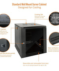 12U Wall Mount Server Cabinet With Lockable Glass Door And Side Panels Space-Saving 24.25 Inch High With Cooling Fan