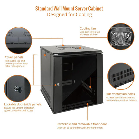 12U Wall Mount Server Cabinet With Lockable Glass Door And Side Panels Space-Saving 24.25 Inch High With Cooling Fan