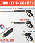 Flexible extension wands with stainless steel design for pressure washing, featuring lengths of 40.55", 22.8", and 9.8"
