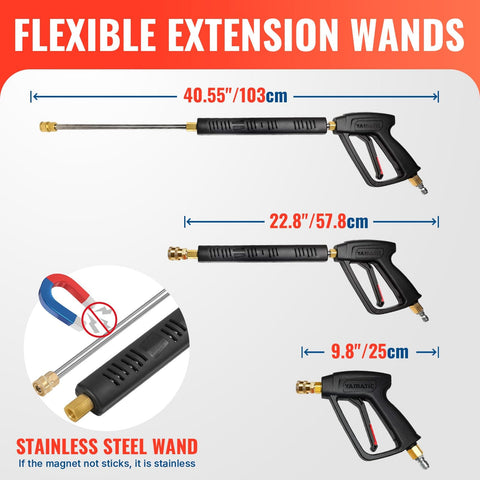 Flexible extension wands with stainless steel design for pressure washing, featuring lengths of 40.55", 22.8", and 9.8"