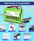 12V 3000mAh Li Ion Battery Pack With Charger And DC5521 Connector, green battery dimensions with compatibility icons.