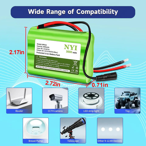 12V 3000mAh Li Ion Battery Pack With Charger And DC5521 Connector, green battery dimensions with compatibility icons.