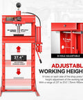 Heavy Hitter 30 Ton Hydraulic Air Pneumatic H Frame Shop Press With Movable Press Plate Red showcasing adjustable height features and measurements.