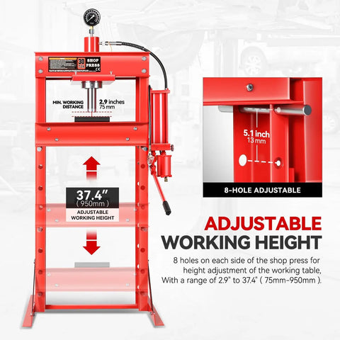 Heavy Hitter 30 Ton Hydraulic Air Pneumatic H Frame Shop Press With Movable Press Plate Red showcasing adjustable height features and measurements.