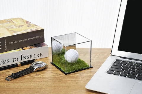 UV Protected Acrylic Display Case For Autographed Golf Balls And Memorabilia With Adjustable LED Lighting on desk